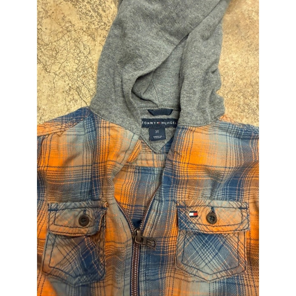 Tommy Hilfiger Kids Orange Blue Plaid Hooded Flannel Zip Up Shirt Jacket 3T - Picture 2 of 3